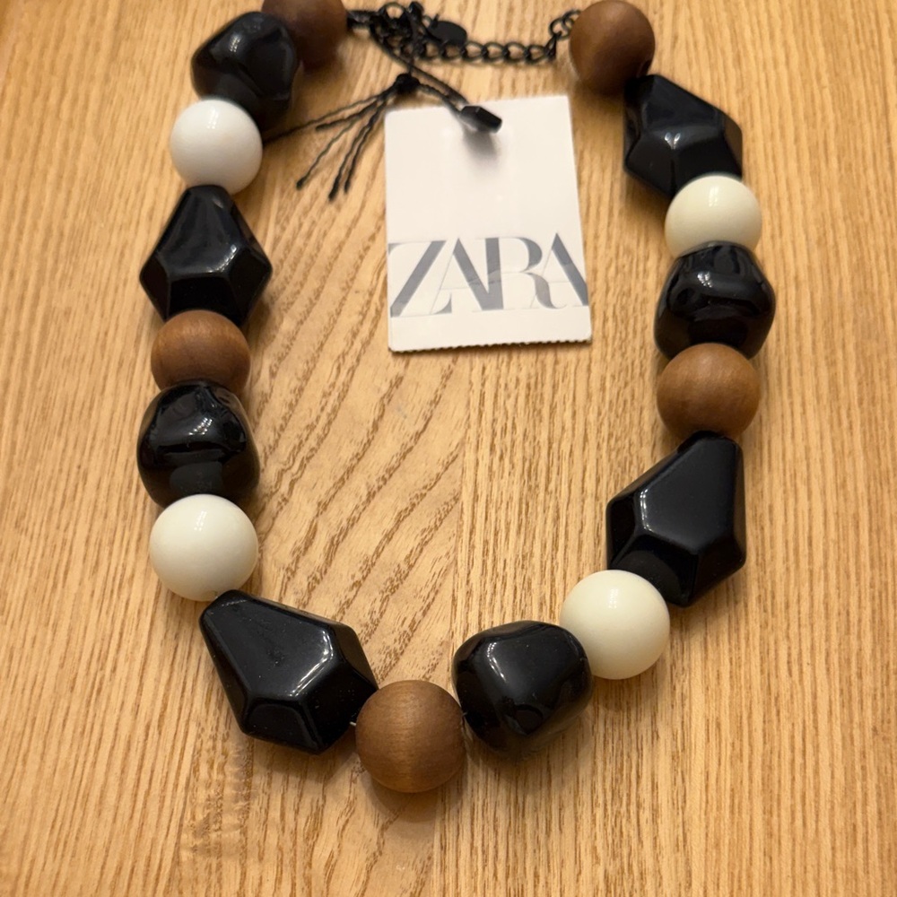 Zara Black, White & Wood Chunky Geometric Bead Necklace
